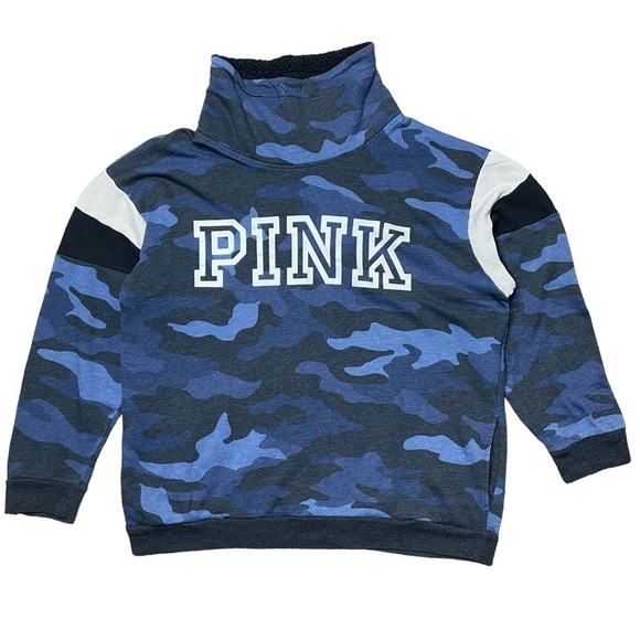 PINK Victoria's Secret Tops - Pink Victorias Secret Sweatshirt Large Blue Camo Sherpa Funnel Neck Pullover